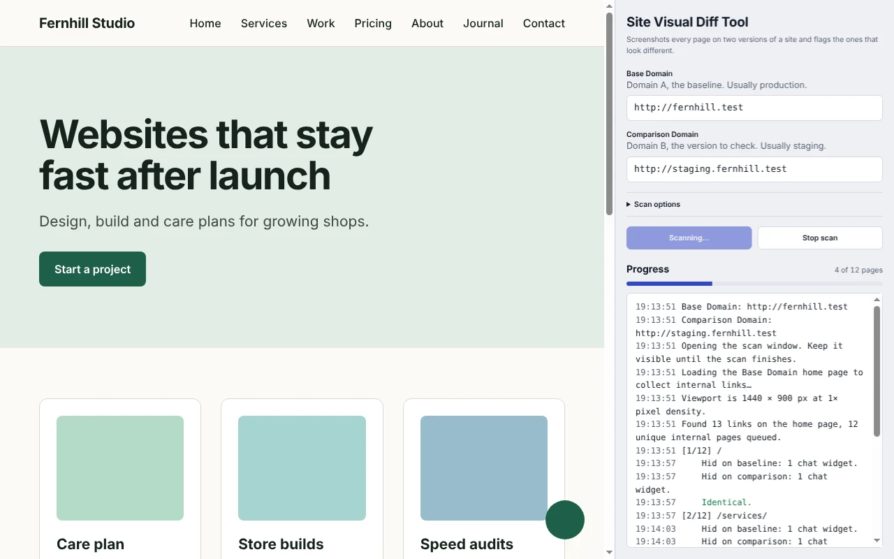 Chrome side panel with Base Domain and Comparison Domain fields and a live progress log of the scan