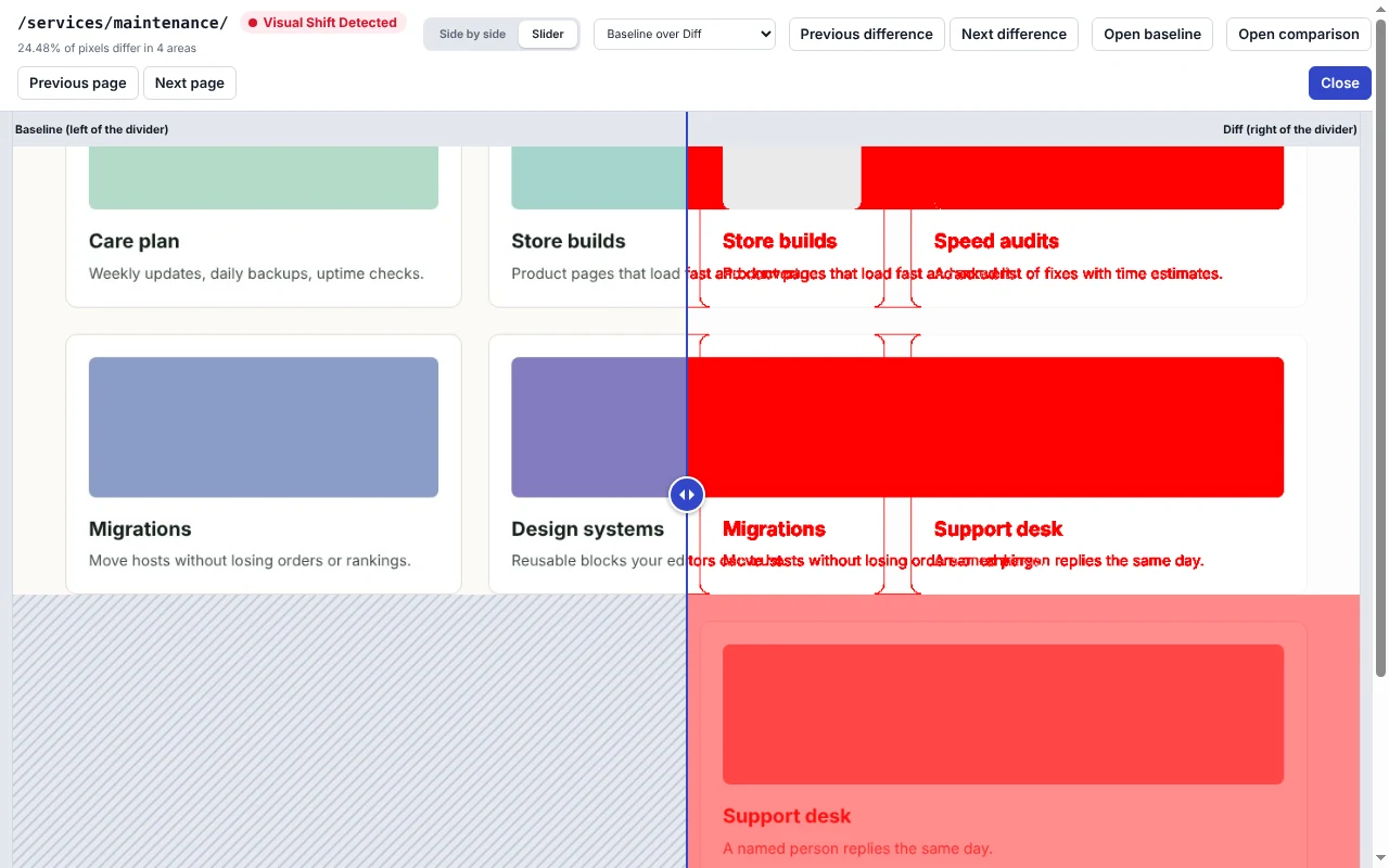 Slider view of the baseline against the diff image, with changed cards highlighted in red