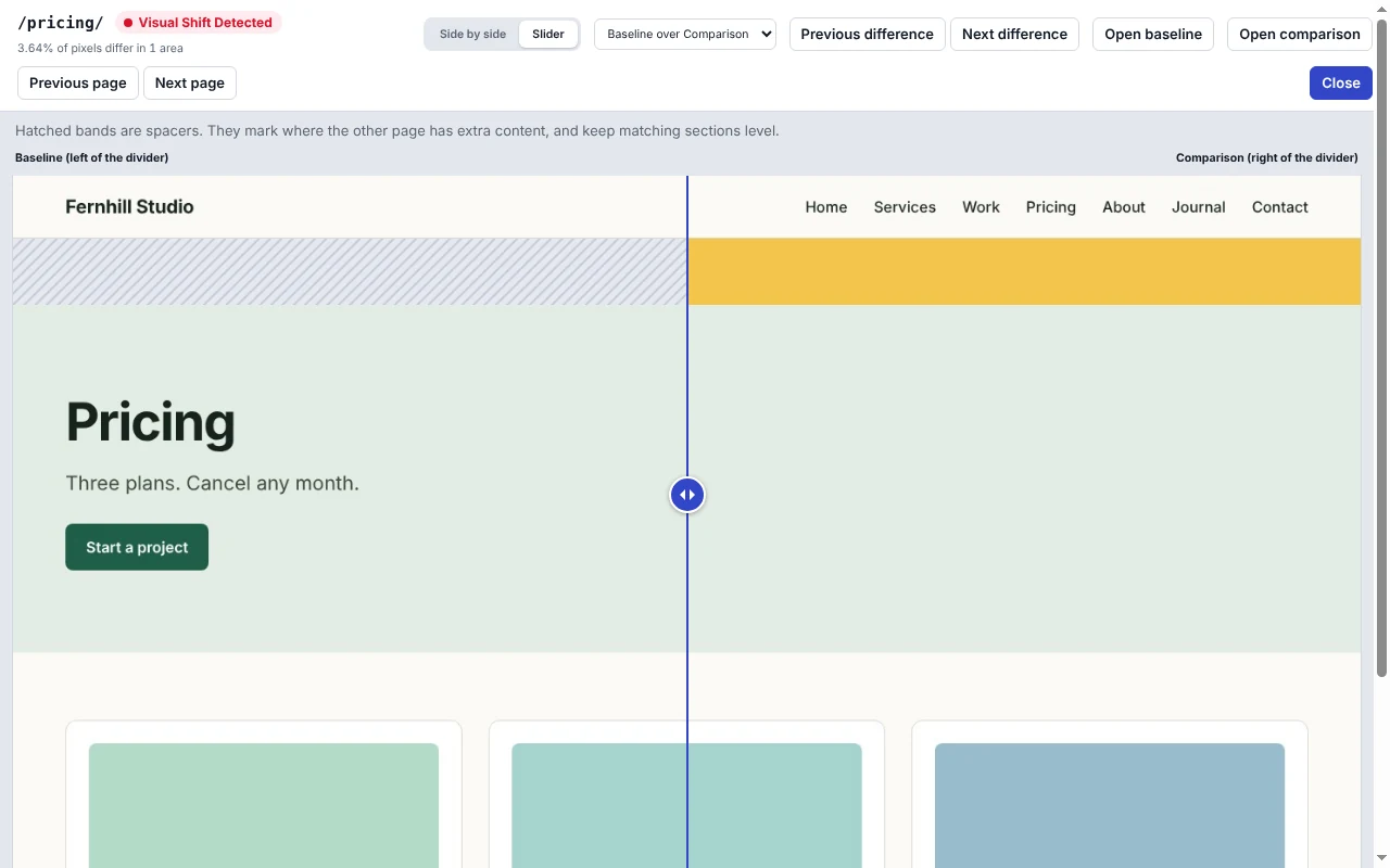 Slider view wiping between the baseline and comparison versions of a pricing page