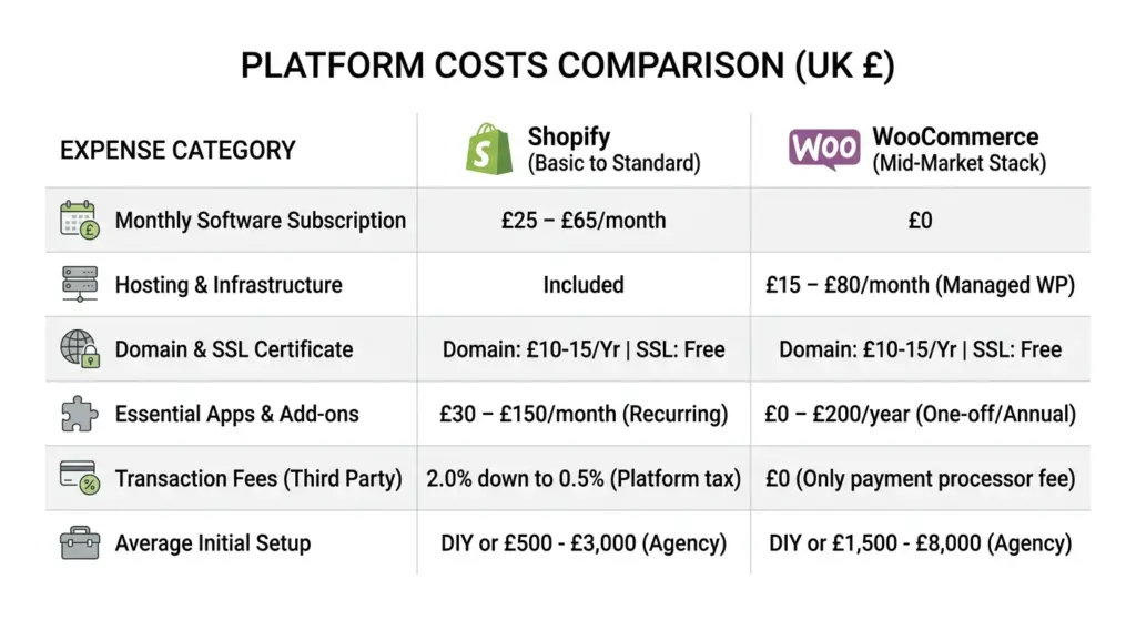 woocommerce vs shopify platform costs comparison