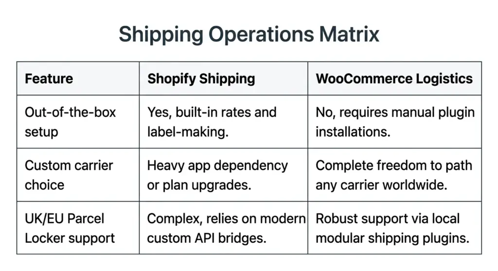 shipping operations matrix - woocommerce vs shopify