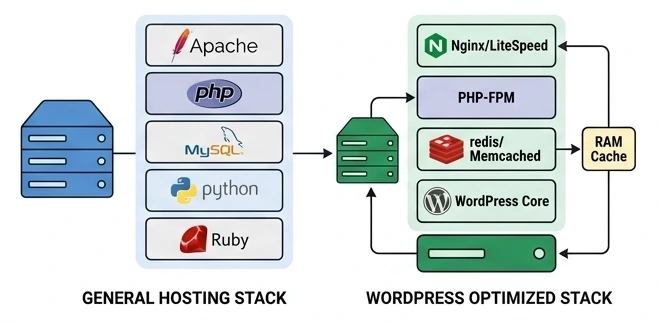 underlying server architecture - (difference between web hosting and wordpress hosting)